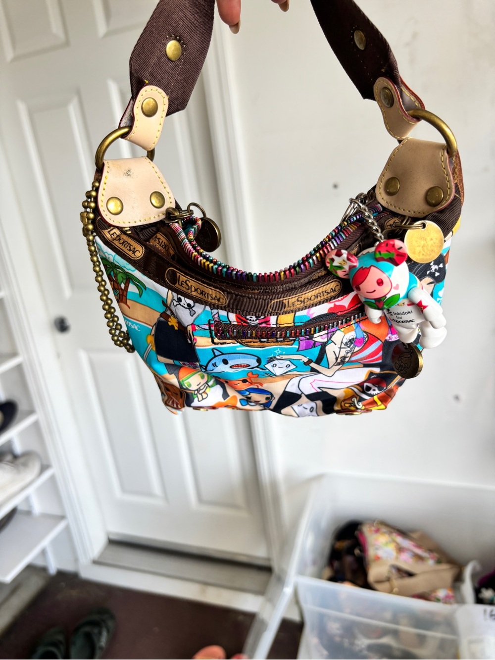 LeSportsac Multicolor Cartoon Print Mini Shoulder Bag with Brown Trim